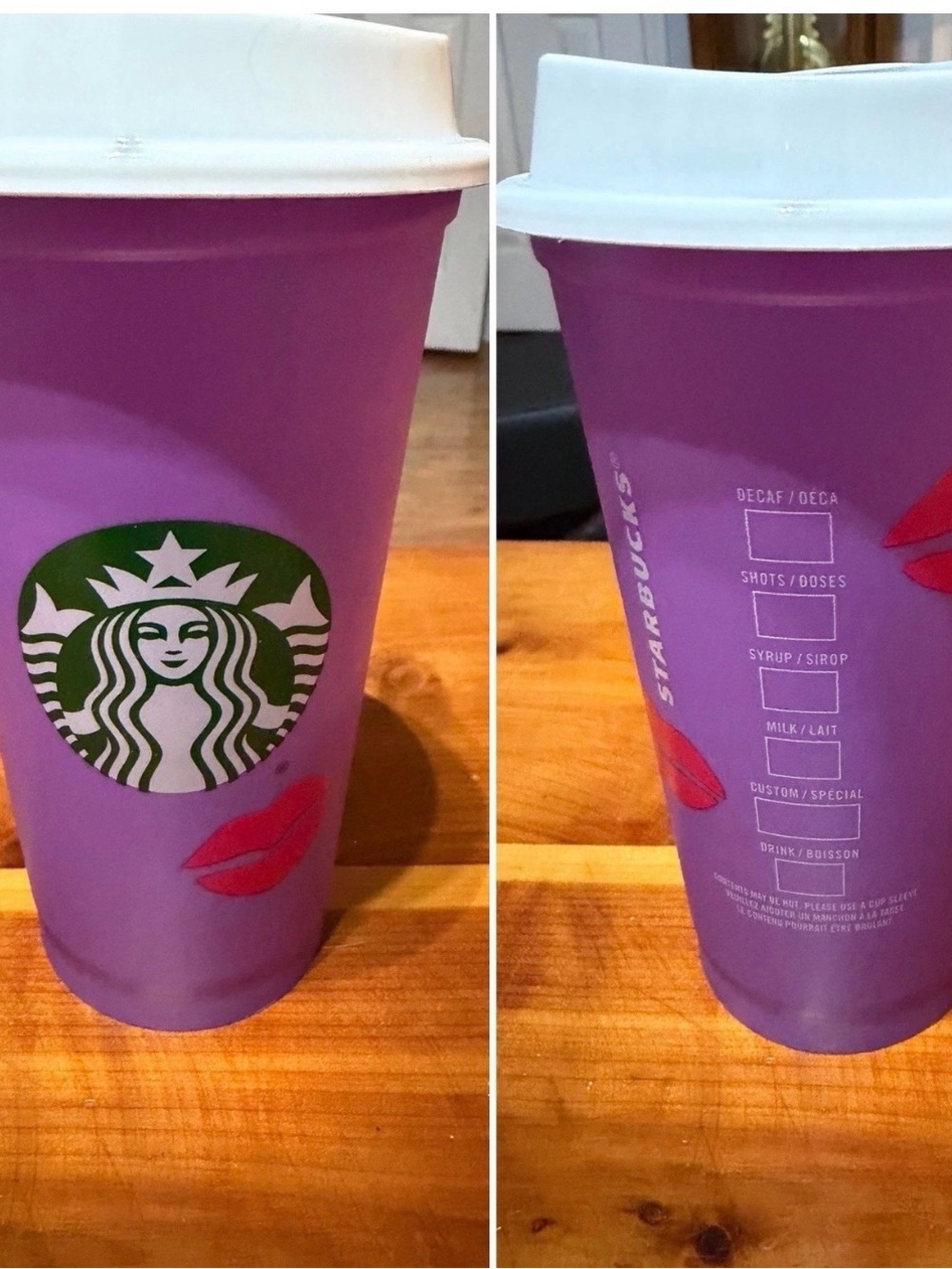 Starbucks Valentines Day Purple Reusable Hot Cup Lips Kisses 16 oz Grande